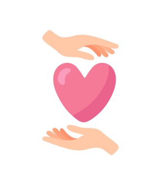Kalp koruma logosu olan eller. Sevgililer günü aşk logosu. Bakım, paylaşım, yardım, tıp sembolü. Soyut tıbbi sağlık logosu. Temel simge tutma