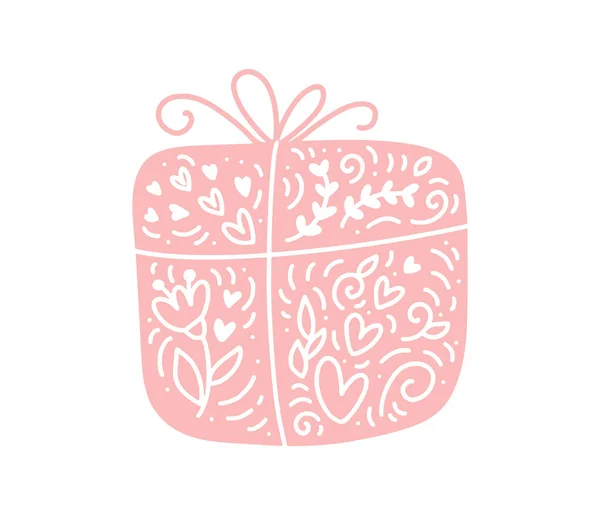 Σκανδιναβικό μοντέρνο κουτί δώρου με λουλούδια και άνθη σε στυλ ύγκε. ανθίζουν διανυσματικό στοιχείο με καρδιές για την ημέρα του Αγίου Βαλεντίνου, ρομαντική αγάπη ευχετήρια κάρτα, γαμήλιες διακοπές — Διανυσματικό Αρχείο