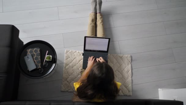Evdeki kanepenin yanında oturan ve dizüstü bilgisayarla çalışan kadın serbest yazar. Dizüstü bilgisayarda yazan kadın. Karantina kavramı çevrimiçi — Stok video