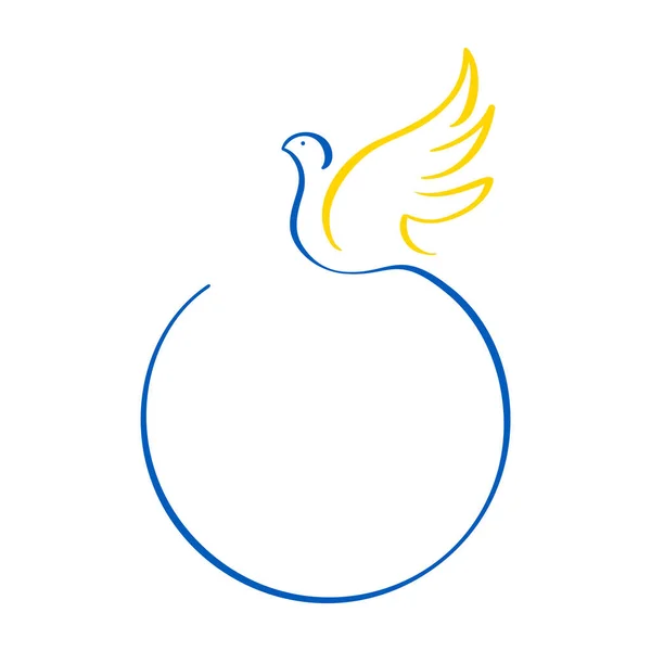 Calligraphie linéaire colombe logo et cadre rond pour le texte en couleurs du drapeau ukrainien. Arrêtez la guerre en Ukraine. Un symbole de paix. Illustration vectorielle isolée sur fond blanc — Image vectorielle