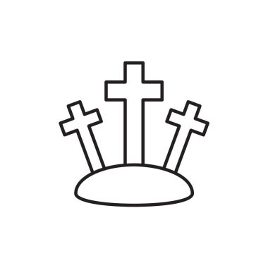Calvary Hill doğrusal Hristiyan ikonu. Golgotha dağında üç haç. İsa Mesih 'in çarmıha gerilmesi. İyi cumalar. İnce çizgili çizim. Contour sembolü. Vektör izole çizimi