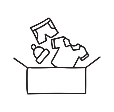 Vektör Kıyafetleri lineer ikon bağışlıyor. İnce monolin illüstrasyon insani yardım. Bağış kutusunda tişört, şapka ve diğerleri var. İkinci el kıyafetler. Hayırseverlik sembolü. izole edilmiş çizim