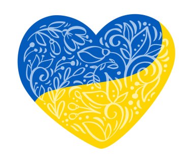 Vektör çiçek kalp logosu. Kalbin Ukrayna bayrağı renginde dizilmiş sevimli çiçekleri. Savaş yok, çatışma yok.