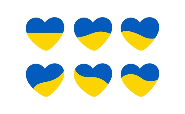 Ensemble de formes de coeur en couleurs jaunes et bleues du drapeau ukrainien. Illustration symbolisant l'assistance à l'Ukraine. Ni guerre, ni conflit — Image vectorielle