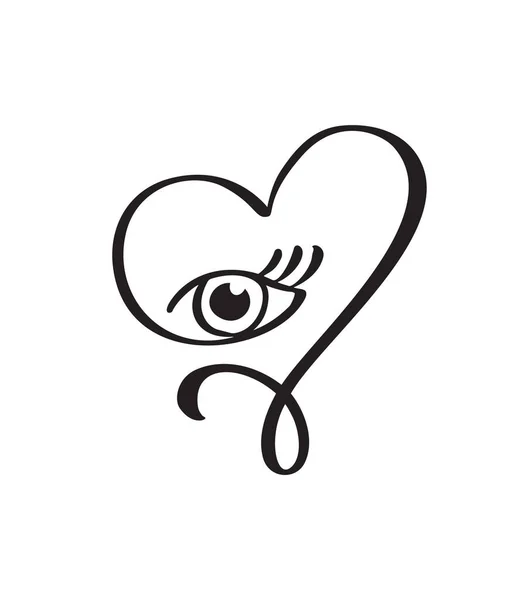 Amantes de la caligrafía corazón con ojo de mujer. Icono dibujado a mano logotipo del día de San Valentín vector. Decoración para tarjeta de felicitación, taza, superposiciones de fotos, impresión de camiseta, folleto, diseño de póster — Vector de stock