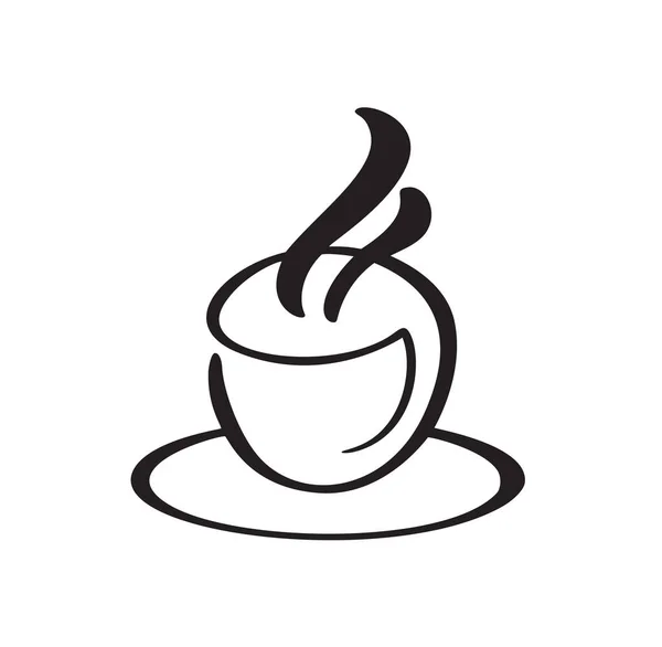 Vetor caligrafia café ou xícara de chá no pires. Ilustração caligráfica em preto e branco. design desenhado à mão para logotipo, ícone café, menu, material têxtil —  Vetores de Stock
