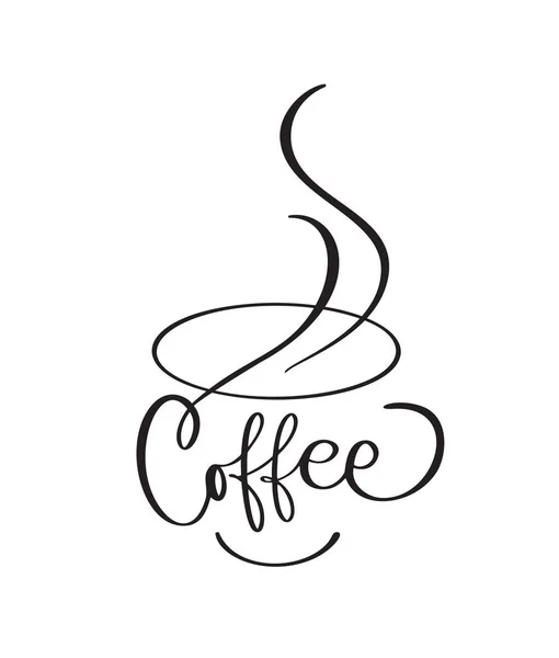 咖啡杯的矢量标识与笔迹文字咖啡。红白相间的茶杯和手绘字体字母短语，用于诸如咖啡馆、菜单、纺织材料等 — 图库矢量图片