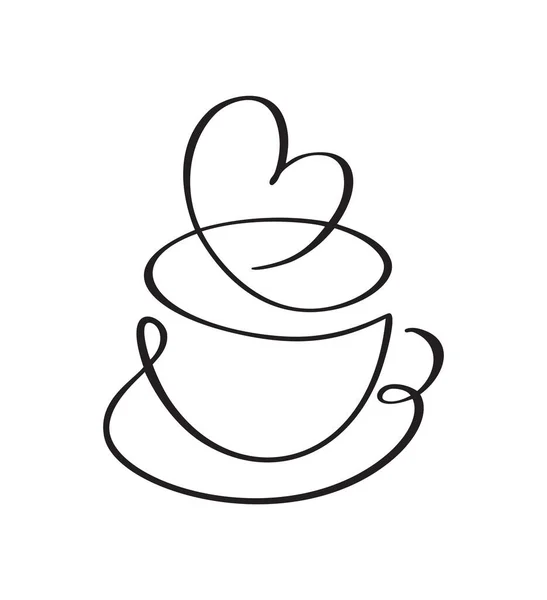 Vector Calligraphy Love Coffee Tea Cup Saucer Heart Black White — Stock Vector