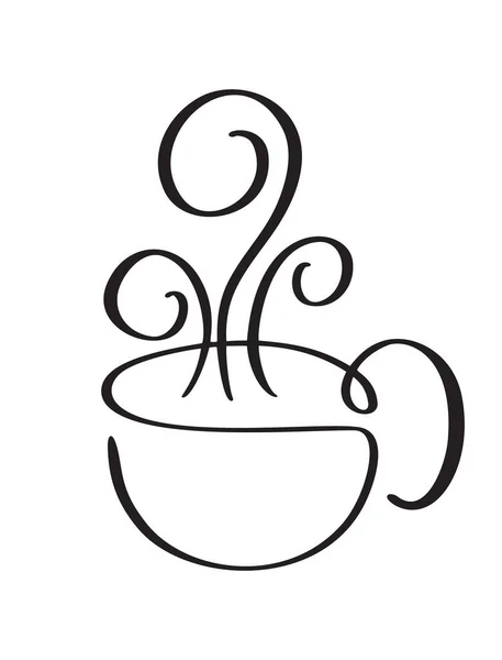 Vector Calligraphy Coffee Tea Cup Steam Black White Calligraphic Illustration — Stock Vector
