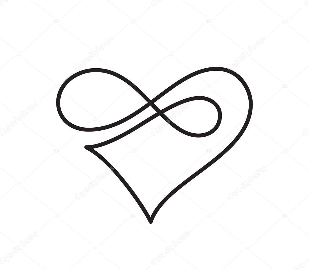 Vector black monoline heart with infinity sign Valentine. Icon on white background. Illustration romantic symbol linked, join, love, passion and wedding. Template for greeting card.