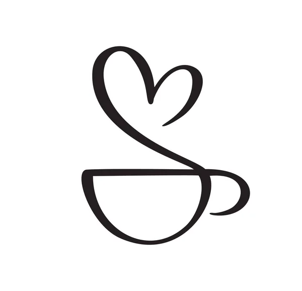 Caligrafía Vectorial Café Taza Con Vapor Corazón Ilustración Caligráfica Blanco — Archivo Imágenes Vectoriales