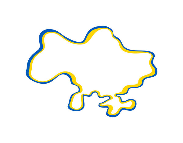 Line art vector map of Ukraine with blue and yellow brush stroke. Save Ukraine. Design element for sticker, banner, poster, card. Isolated illustration.