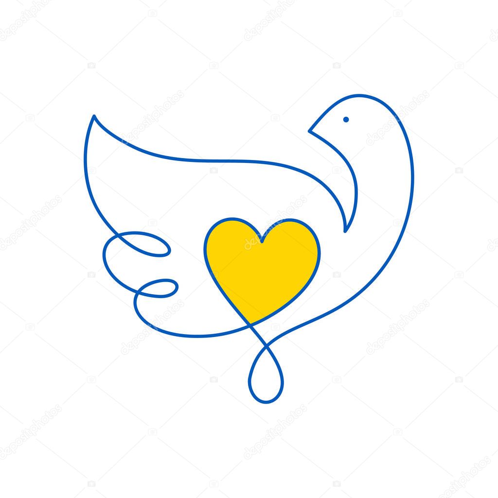 Vector Dove of peace and heart inside in blue and yellow colors of the flag of Ukraine. Stop war in Ukraine. The concept Bird of peace. illustration for your design.