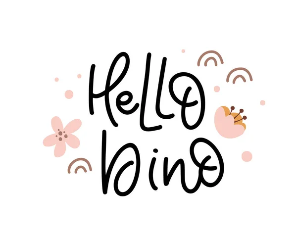 Vector Hand Drawn Girl Monoline Text Hello Dino Flowers Rainbows — Vector de stock