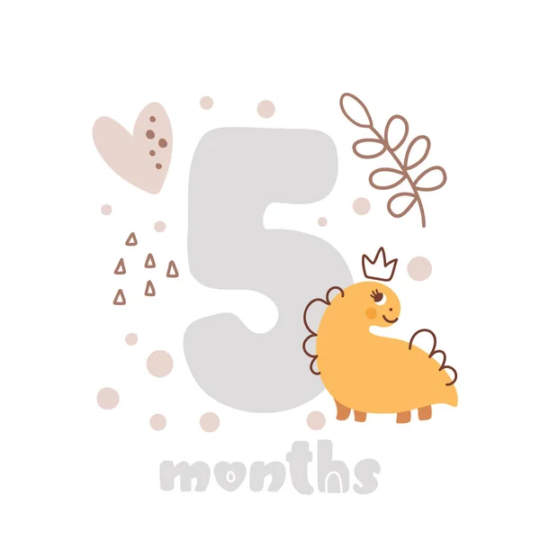 Five Months Anniversary Card Baby Shower Print Cute Animal Dino — Vector de stock