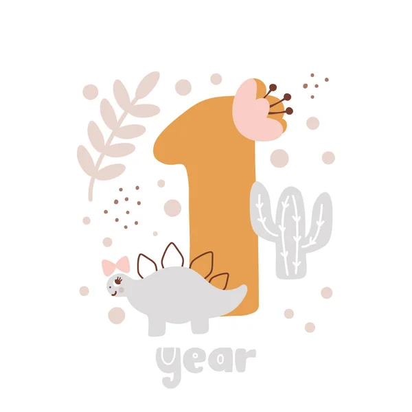 Year Anniversary Card Baby Shower Print Cute Animal Dino Flowers — Vector de stock