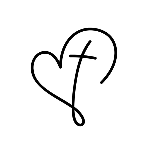 Vector Christian Logo Monoline Heart Cross White Background Hand Drawn — ストックベクタ