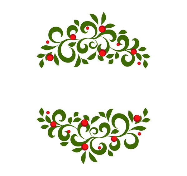 Merry Christmas Vector Green Frame Ornament Branches Red Berries Place —  Vetores de Stock