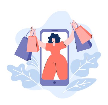 Çevrimiçi alışveriş dairesi. Elinde paketler olan kadın akıllı telefondan kaçıyor. Satış için web tarayıcı sayfasından telefon et.