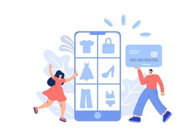 Çevrimiçi alışveriş dairesi. Vektör eli çizilmiş kadın ve banka kartı olan adam mal almak için koşuyor. Ürün kataloğu web tarayıcı sayfasında telefonda. Alışveriş kutuları.