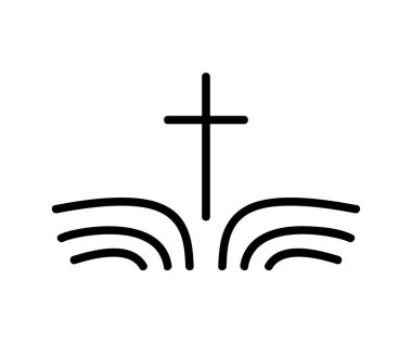 Christian Logo vektör Illustration. Amblemi ile çapraz ve Kutsal İncil. Dini topluluk. Tasarım öğesi için poster, logo, rozet, işareti.