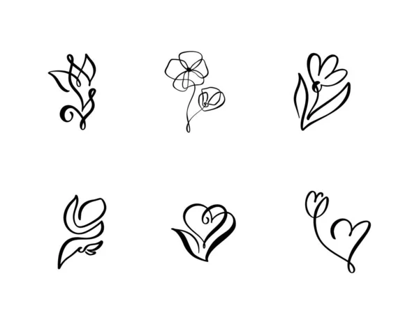 Set Continuous Line Art Drawing Vector Calligraphic Flower Logo Black — ストックベクタ