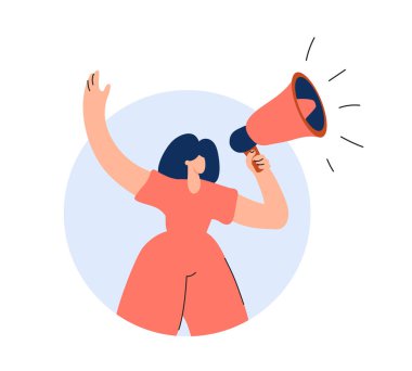 Cute vector woman shouting into megaphone about discount or protest. Girl warning about seasonal sales flat illustration shopping. Online campaign concept for banner, web design.