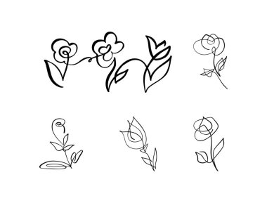 Set of Continuous Line art Drawing Vector Calligraphic Flower logo. Black Sketch icon of Plants Isolated on White Background. One Line Illustration Minimalist Prints.