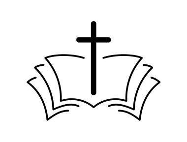 Vector illustration of Christian Logo or icon. Emblem with Cross and Holy Bible. Religious community. Design element for poster, badge, sign.