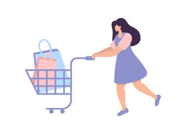 Young woman walking with colorful bags shopping in cart. Creative marketing shopping concept of customer earning reward or prize from buying products. Trendy cute flat vector illustration black Friday