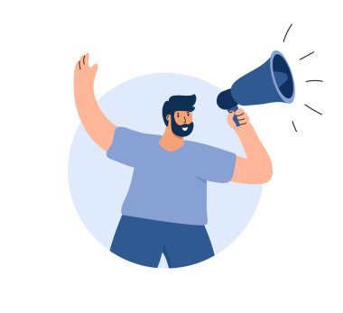 Young vector man shouting into megaphone about discount or protest. Boy warning about seasonal sales flat illustration shopping. Online campaign concept for banner, web design.