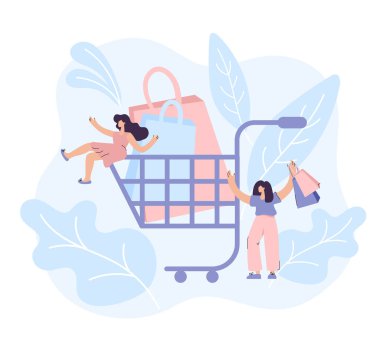 Young women walking with shopping cart. vector Illustration flat design tiny people rolling shopping bags full of discount purchases shopping black Friday.