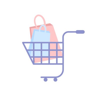 Shopping cart full of shopping bags. Vector flat design illustration with isolated white background.