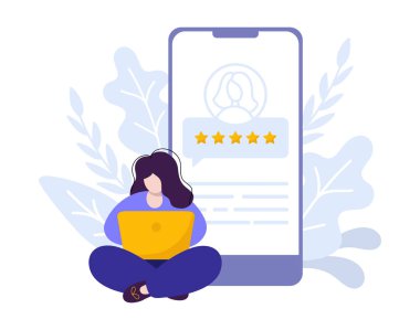 Vector woman with notebook online satisfied customer give rating 5 stars on phone. Flat people feedback illustration by giving 5 stars rating. Online shopping review.