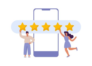 Happy and satisfied vector customer flat man and woman giving Five stars rating on smartphone. Customer review rating and client feedback concept. Modern illustration.