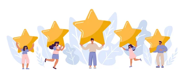 Happy Satisfied Customer Vector People Holding Review Stars Heads Five — Vector de stock