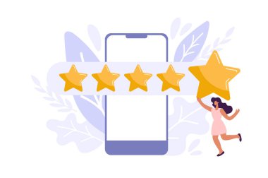 Woman satisfied customer give rating 5 stars on smartphone. People feedback vector illustration by giving star rating. Flat online shopping with give five rating and review.