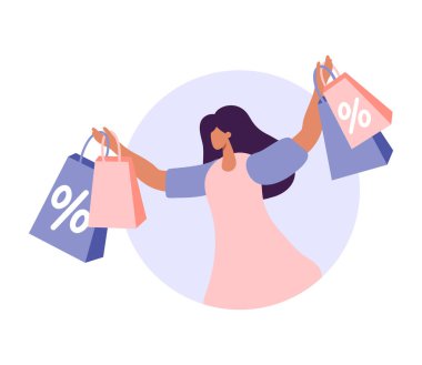 Happy vector woman with shopping bags percent sale black Friday. Girl in fashion store. Glamour lifestyle people. Isolated flat illustration in round background.