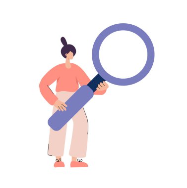 Flat vector woman holding magnifying glass or loupe and looking for information or something. Search, SEO or research concept. Optimization of finding websites, files.