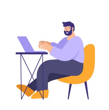 Young vector man working on the laptop computer. Freelance job, creativity innovation and business idea concept. people character illustration. Flat minimal style.