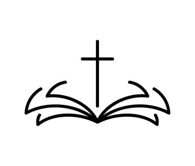 Vector emblem with Cross and Holy Bible. Illustration of Christian Logo or icon. Religious community. Design element for poster, badge, sign.