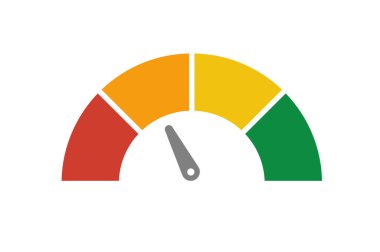 Vector speedometer meter with arrow for dashboard with green, yellow, red indicators. Gauge of tachometer. Low, medium, high and risk levels. Bitcoin fear and greed index cryptocurrency.