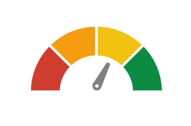 Vector speedometer meter with arrow for dashboard with green, yellow, red indicators. Gauge of tachometer. Low, medium, high and risk levels. Bitcoin fear and greed index cryptocurrency.