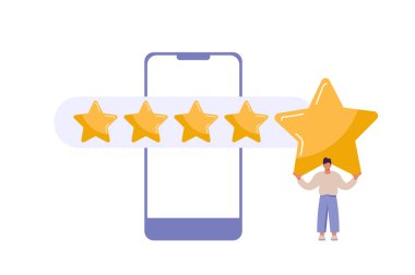Man satisfied customer give rating 5 stars on smartphone. People feedback vector illustration by giving star rating. Flat online shopping with give five rating and review.
