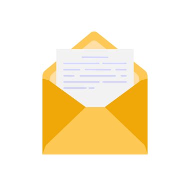 Open vector craft envelope with document. New mail letter. Sending correspondence. Flat icon illustration isolated on color background.