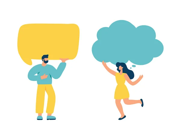 Young Flat Vector Man Woman Holding Speech Bubbles Communication Chat — Wektor stockowy