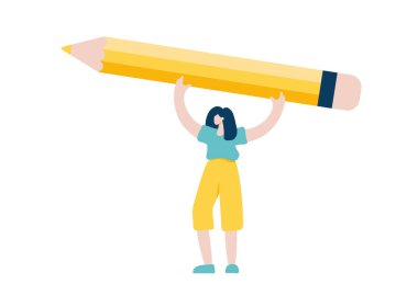 Tiny woman holding big yellow pencil over her head. Concept of search information, solution, analyze, write, journalist, blogger. Vector illustration in flat style, character design.
