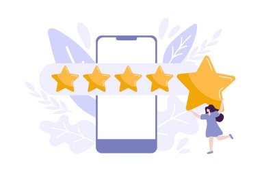 tiny Woman satisfied customer give rating 5 stars on smartphone. People feedback vector illustration by giving star rating. Flat online shopping with give five rating and review.