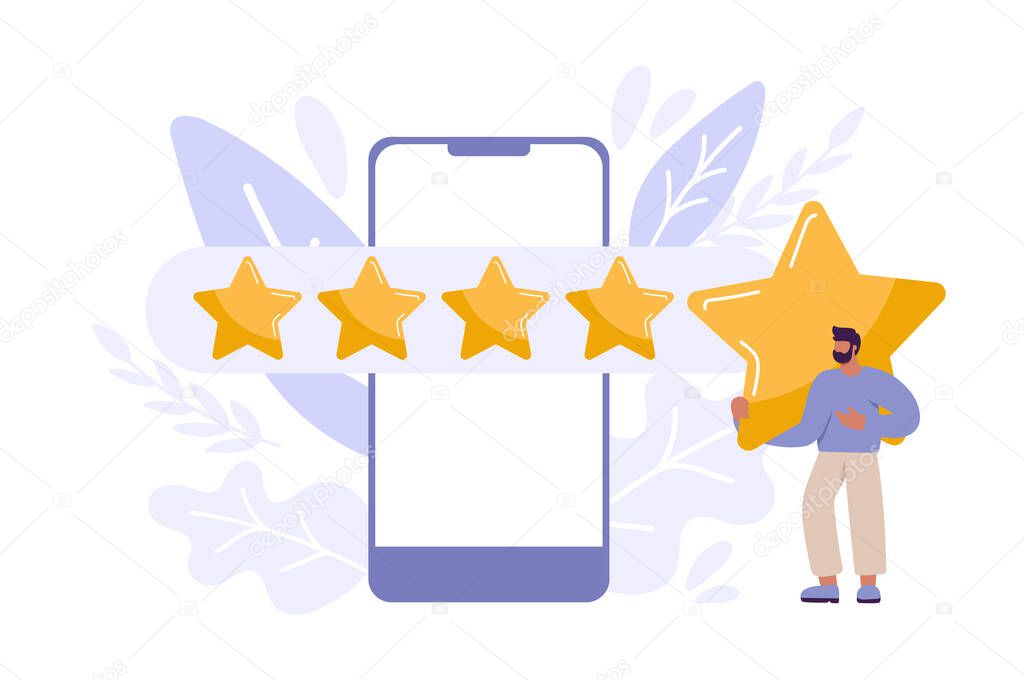 Tiny man satisfied customer give rating 5 stars on smartphone. People feedback vector illustration by giving star rating. Flat boy online shopping with give five rating and review.