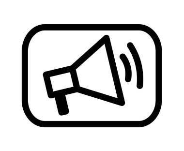 Speaker monoline vector logo icon air raid alert. Sign megaphone loudspeaker with voice recording or siren. Symbol attribute for organizers and leading mass events.